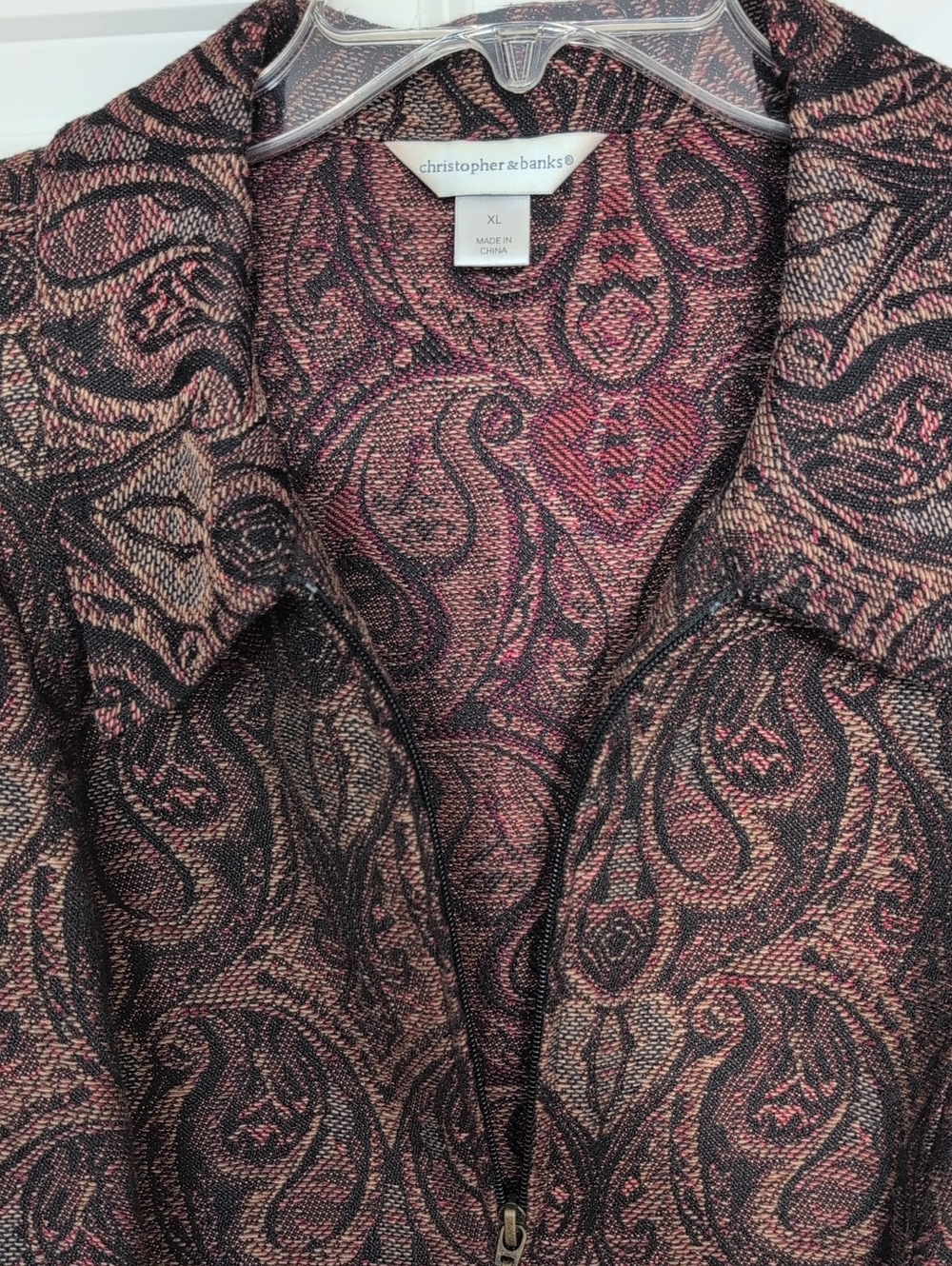 Christopher & Banks Black,Tan And Pink Tone Paisley Zip Jacket